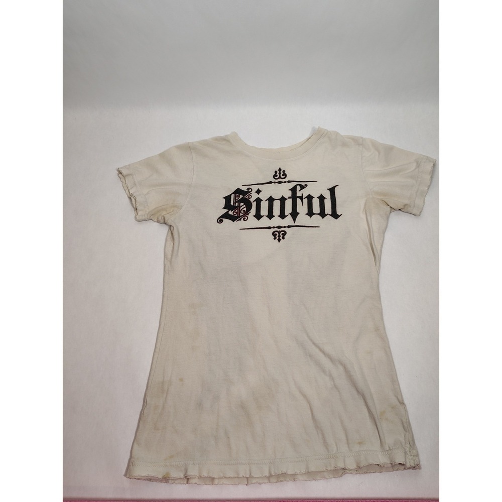 Sinful by Affliction Womens Graphic‎ T-Shirt Cream Angel Wings Distressed Small